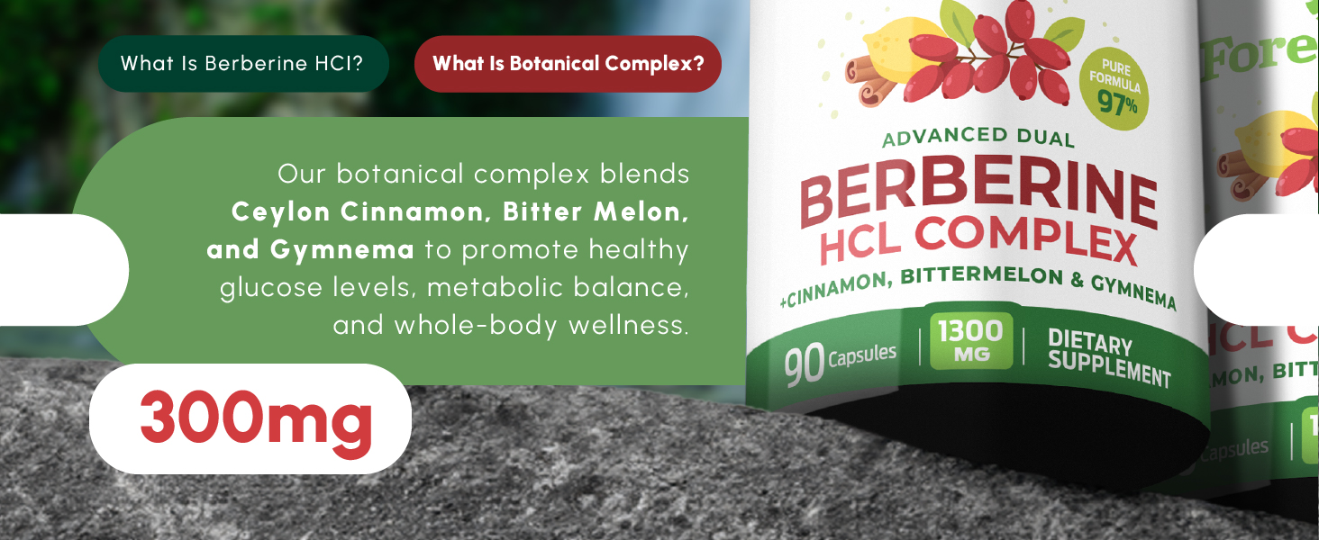 Berberine Supplement 1300mg per Serving- 97% Tested Ultra High Potency Berberine HCl with Ceylon Cinnamon, Bitter Melon & Gymnema, 10:1 Extract Berberis Supplements, Weight Management, 90 Veggie Caps Forestleaf berberine complex with ceylon cinnamon bitter melon gymnema