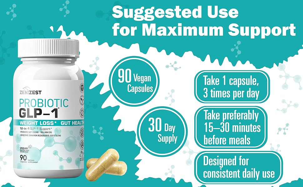 GLP-1 Probiotic Weight Loss Support Supplement - Women Men GLP1 Booster with Berberine - Natural Keto Daily Oral GLP1 Appetite Suppressant Hunger Control Metabolism Fat Burn Gut Health Suggested Use for Maximum Support - 90 Vegan Capsules, 30 Day Supply, Take 1 capsule 3x daily