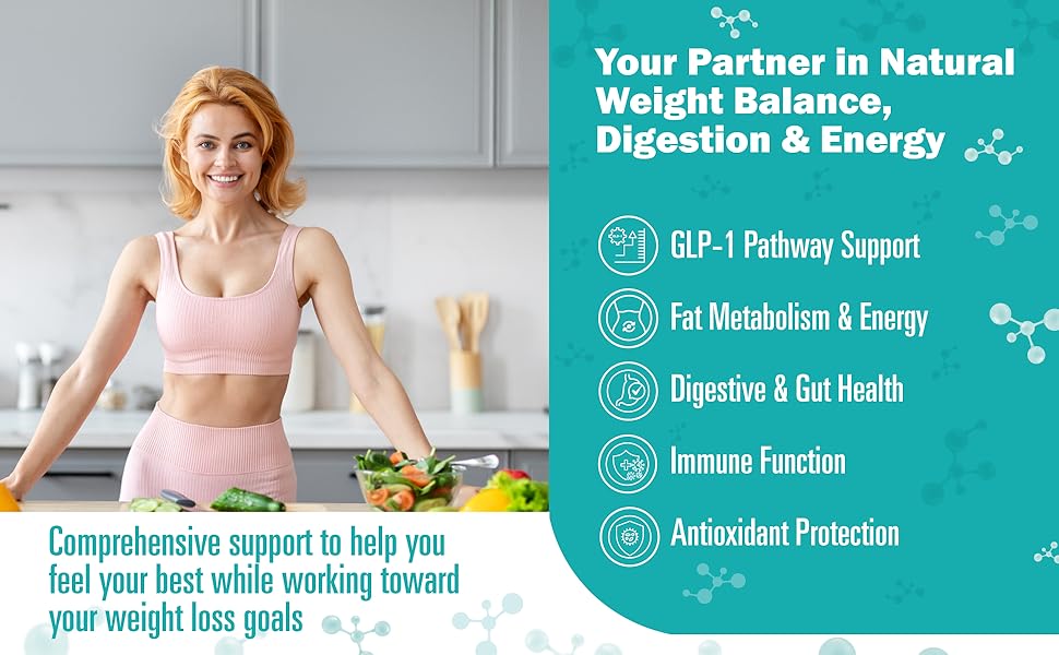 GLP-1 Probiotic Weight Loss Support Supplement - Women Men GLP1 Booster with Berberine - Natural Keto Daily Oral GLP1 Appetite Suppressant Hunger Control Metabolism Fat Burn Gut Health Your Partner in Natural Weight Balance, Digestion & Energy - Woman in kitchen with healthy food