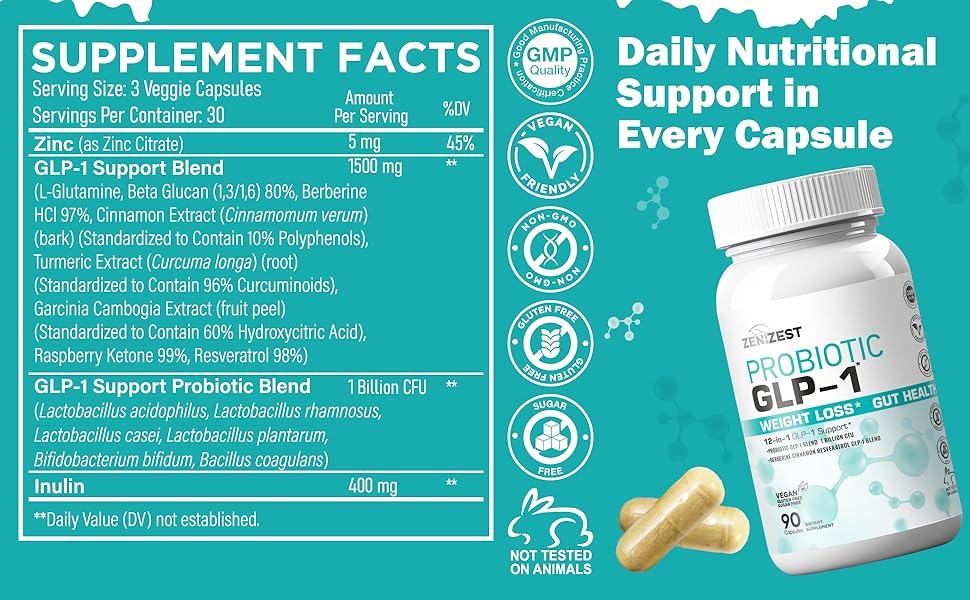 GLP-1 Probiotic Weight Loss Support Supplement - Women Men GLP1 Booster with Berberine - Natural Keto Daily Oral GLP1 Appetite Suppressant Hunger Control Metabolism Fat Burn Gut Health Supplement Facts - GLP-1 Support Blend 1500mg, Probiotic Blend 1 Billion CFU, Vegan capsules
