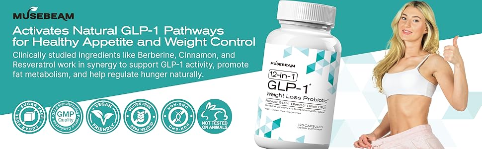 Musebeam GLP-1 Weight Loss Supplement with Berberine, Cinnamon, Resveratrol - 120 Capsules