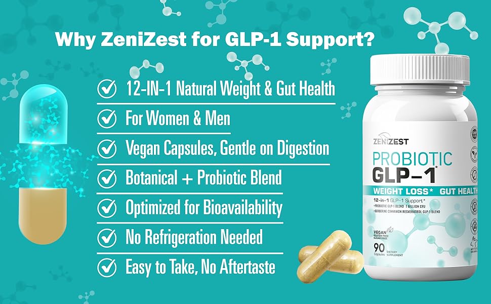 GLP-1 Probiotic Weight Loss Support Supplement - Women Men GLP1 Booster with Berberine - Natural Keto Daily Oral GLP1 Appetite Suppressant Hunger Control Metabolism Fat Burn Gut Health Why ZeniZest for GLP-1 Support - 12-in-1 Natural Weight & Gut Health, Vegan, No Refrigeration