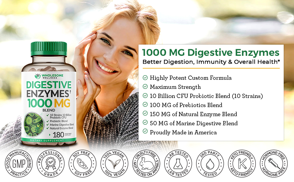 Wholesome Wellness Digestive Enzymes 1000MG Plus Prebiotics & Probiotics Supplement, 180 Capsules, Organic Plant-Based Vegan Formula for Digestion & Lactose with Amylase & Bromelain,3-6 Months Supply DE