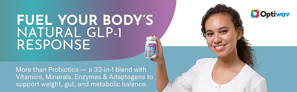 GLP-1 Supplement for Weight Loss - 32-in-1 GLP1 Booster with Probiotics for Women & Men - Natural Daily Oral Support to Boost Fat Burn Metabolism & Gut Health - Vegan Gluten Free Sugar Free Optiwav GLP-1 supplement bottle with woman, 32-in-1 blend for weight and metabolic support