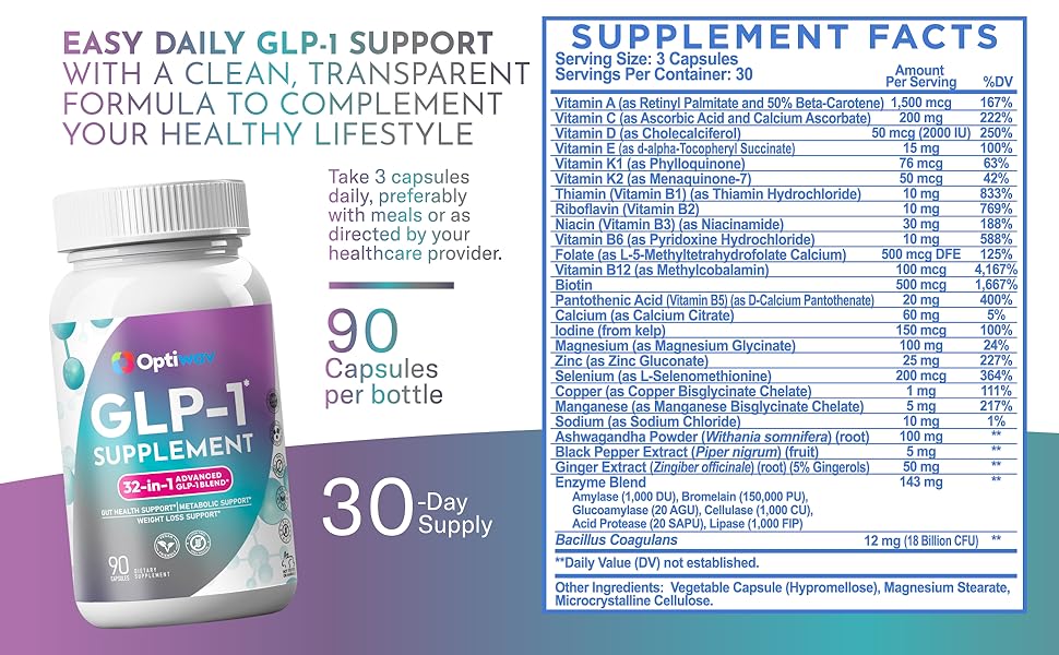 GLP-1 Supplement for Weight Loss - 32-in-1 GLP1 Booster with Probiotics for Women & Men - Natural Daily Oral Support to Boost Fat Burn Metabolism & Gut Health - Vegan Gluten Free Sugar Free Supplement facts label: 90 capsules, 30-day supply, vitamin and mineral content details