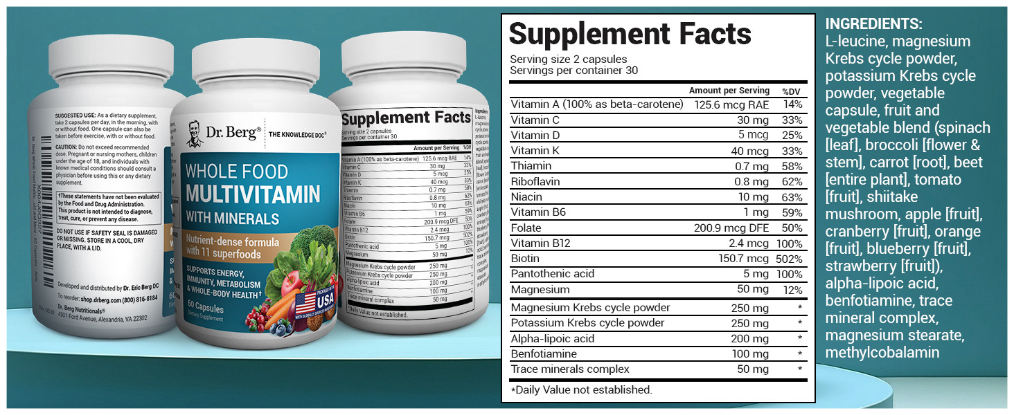 Dr. Berg Whole Food Multivitamin with Minerals - Daily Multivitamin for Men and Women - Includes Premium Whole Food Fruits and Vegetable Blend with Folate, Alpha-lipoic Acid and More - 60 Capsules Dr. Berg Whole Food Multivitamin Premium A+ Content Multivitamin and Mineral Support