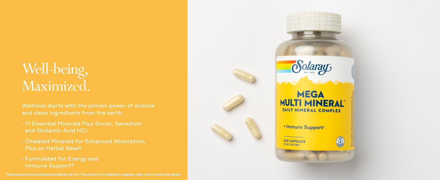 Solaray Mega Multi Mineral, Daily Mineral Complex with Calcium, Iron, Magnesium, Zinc, and More in Highly Absorbable Chelated Forms, Overall Health and Immune Support, 50 Servings, 200 Capsules Mega Multi Mineral, 200ct