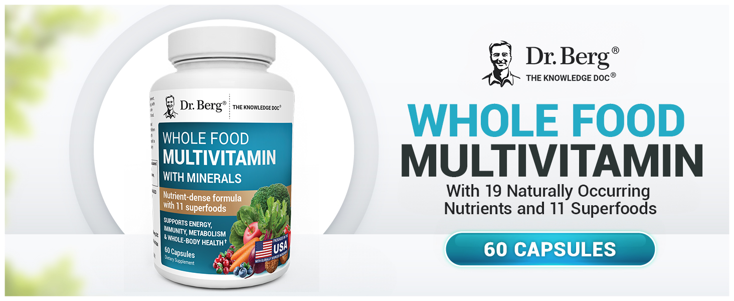 Dr. Berg Whole Food Multivitamin with Minerals - Daily Multivitamin for Men and Women - Includes Premium Whole Food Fruits and Vegetable Blend with Folate, Alpha-lipoic Acid and More - 60 Capsules Dr. Berg Whole Food Multivitamin Premium A+ Content Multivitamin and Mineral Support