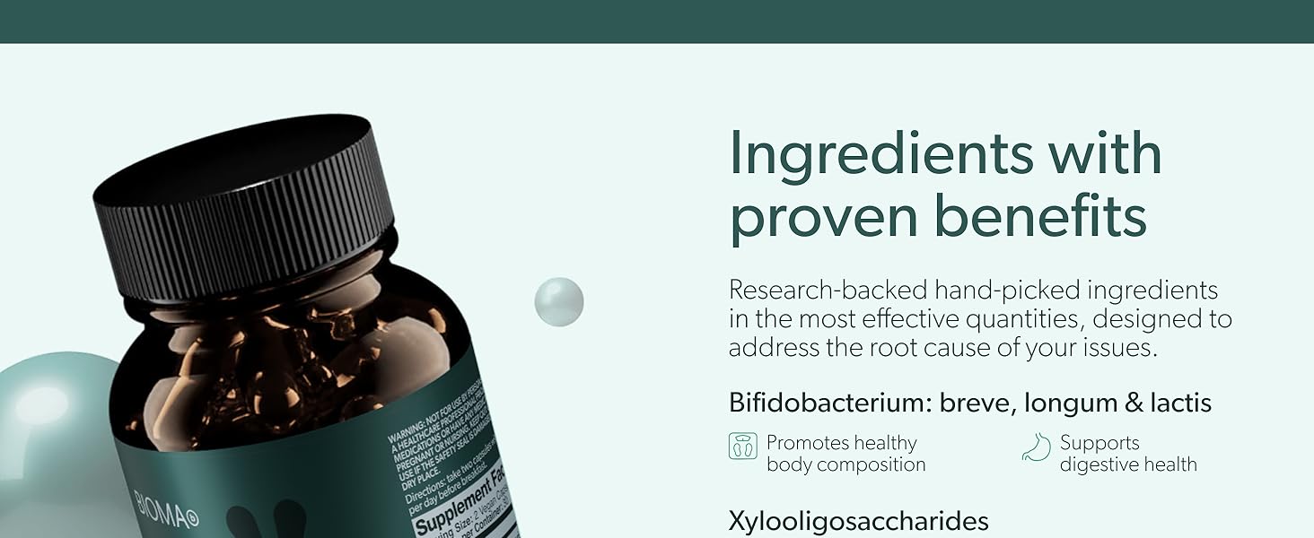BIOMA Probiotics - Digestive Health Probiotic - Gut Support for Men & Women with Xylooligosaccharides, Tributyrin & Bifidobacterium - Vegan & Gluten Free - 60 Delayed-Release Capsules (30-Day Supply) 3D