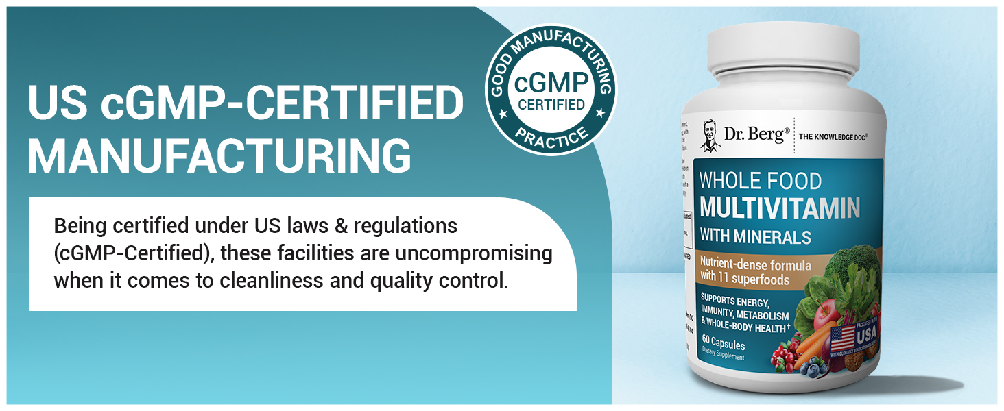 Dr. Berg Whole Food Multivitamin with Minerals - Daily Multivitamin for Men and Women - Includes Premium Whole Food Fruits and Vegetable Blend with Folate, Alpha-lipoic Acid and More - 60 Capsules Dr. Berg Whole Food Multivitamin Premium A+ Content Multivitamin and Mineral Support