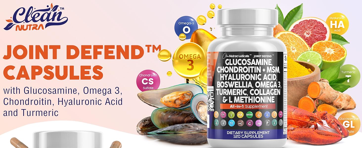 Clean Nutraceuticals Glucosamine Chondroitin MSM 1500mg with Turmeric Curcumin, Collagen, Hyaluronic Acid, Omega 3 – Joint Health Supplement for Men & Women – Joint Complex – 120 Count Joint Defend Capsules