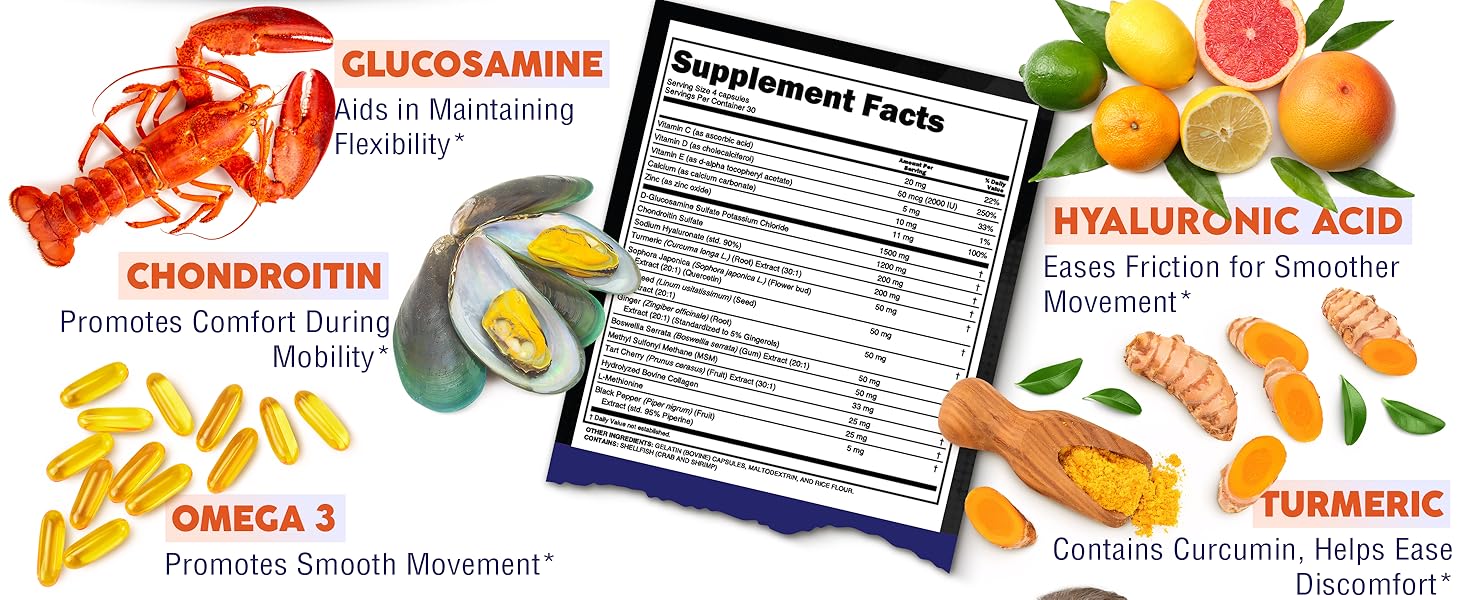 Clean Nutraceuticals Glucosamine Chondroitin MSM 1500mg with Turmeric Curcumin, Collagen, Hyaluronic Acid, Omega 3 – Joint Health Supplement for Men & Women – Joint Complex – 120 Count Joint Defend Capsules