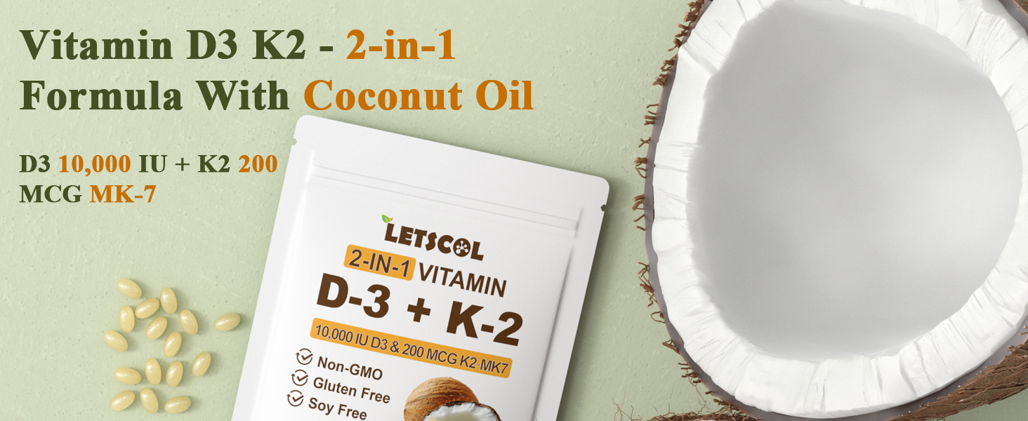 2-in-1 Vitamin D3 K2 Supplement Softgel, Vitamin D3 10000 IU and Vitamin K2 200 mcg, K2 MK7 with D3 Vitamin Supplement Support Immune, Heart, Joint, Teeth & Bone Health vitamin d3 k2