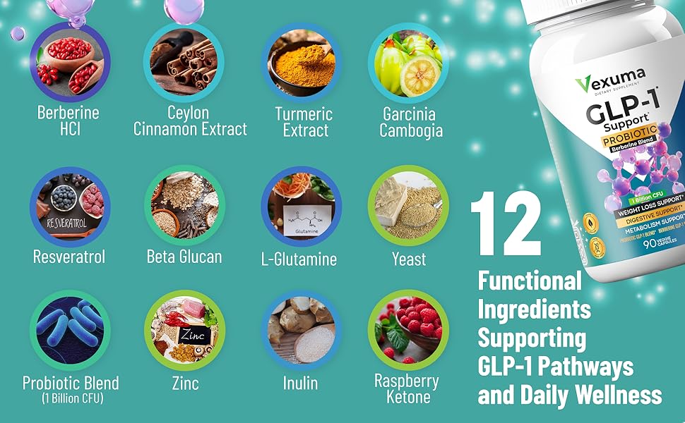 GLP-1 Probiotic Supplement for Weight Loss - Daily GLP1 Booster for Women Men to Support Metabolism Healthy Gut & Boost Fat Burn - Natural Oral GLP-1 Activator with Berberine HCl & Probiotics 12 ingredients berberine turmeric support GLP-1 weight burning metabolism