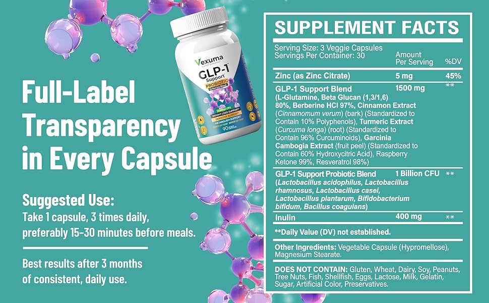 GLP-1 Probiotic Supplement for Weight Loss - Daily GLP1 Booster for Women Men to Support Metabolism Healthy Gut & Boost Fat Burn - Natural Oral GLP-1 Activator with Berberine HCl & Probiotics GLP-1 supplement facts berberine probiotics insulin resistance weight burning