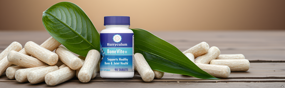BoneVite+, Bone and Joint Health Supplement, 90 Tablets A vibrant green meadow with the product displayed prominently in the center.