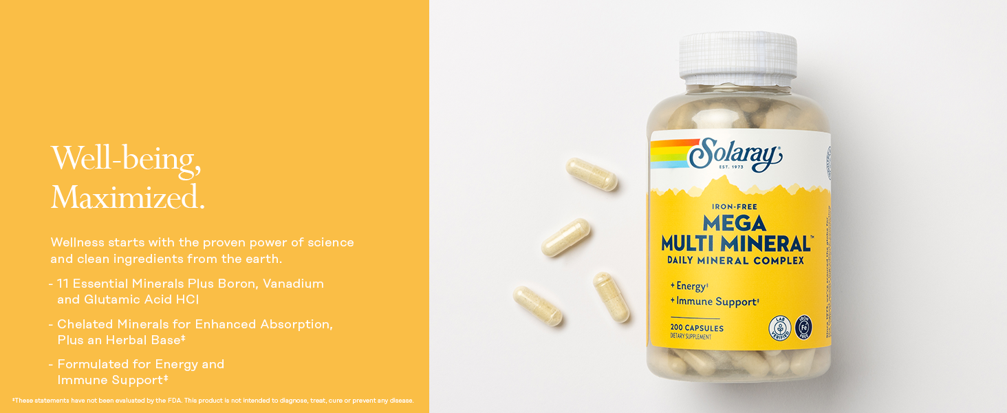 SOLARAY Mega Multi Mineral, Iron Free - Daily Mineral Supplement w/Trace Minerals, Electrolytes, Calcium, Magnesium, Zinc, Selenium, Boron -Cellular Energy, Immune Support, 60-Day Guarantee, 50 Serv Iron-FreeMega Multi Mineral