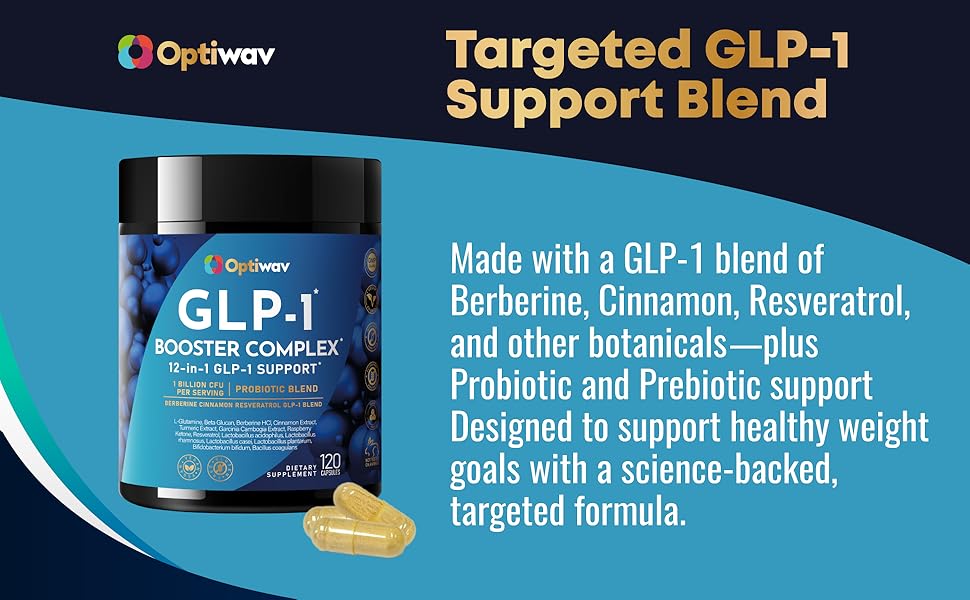 GLP-1 Probiotic Weight Loss Supplement - Women Men GLP1 Booster with Berberine - Natural GLP 1 Daily Oral Appetite Suppressant Hunger Control Metabolism Fat Burn & Gut Health Support OptiWav GLP-1 Booster Complex supplement bottle with berberine, cinnamon, resveratrol blend