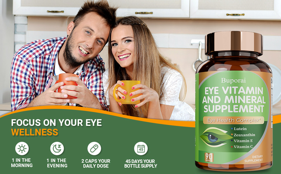 Eye Vitamin & Mineral Supplement for Eye Health, Contains Lutein, Zeaxanthin, Vitamin C, Zinc, and Vitamin E, Supports Macular Health and Relief from Dry Eyes (90 Count) All-natural, with 90 capsules per bottle, requiring only 2 capsules a day, 45-day supply