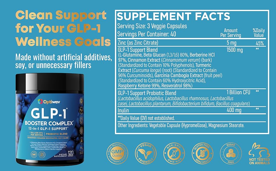 GLP-1 Probiotic Weight Loss Supplement - Women Men GLP1 Booster with Berberine - Natural GLP 1 Daily Oral Appetite Suppressant Hunger Control Metabolism Fat Burn & Gut Health Support Supplement facts label showing GLP-1 support blend, probiotics, zinc, clean ingredients