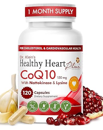 CoQ10 Cardiovascular Supplement 150mg – Coenzyme Q10, Nattokinase, Pomegranate, Garlic & Lysine for Blood Cholesterol, Circulation, Heart Plus CoQ10 Supplement for Men & Women, 120 Capsules by Rhoziva