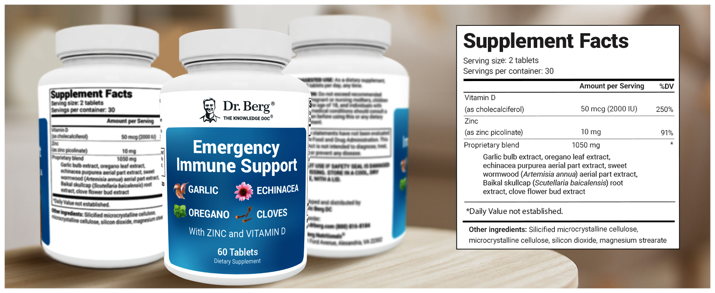 Dr. Berg Emergency Immune Support w/Echinacea - Potent Blend of Herbal Extracts (Warning: Strong Herbal Smells) - Immune Support Supplement Includes 2,000 IUs of Vitamin D & 10mg of Zinc - 60 Tablets Dr. Berg Emergency Immune Support Premium A+ Content Immune System Immune Health Supplement Facts