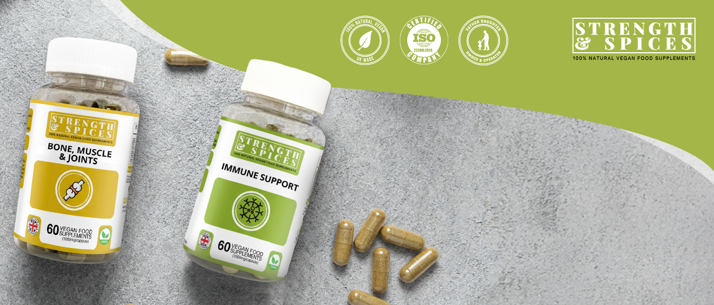 Strength & Spices Bone, Muscle & Joints 100% Natural Supplement – 28 Ingredients w Turmeric - 60 Vegan UK Made 1000mg Capsules – Mobility and Flexibility Support womens bone health supplements