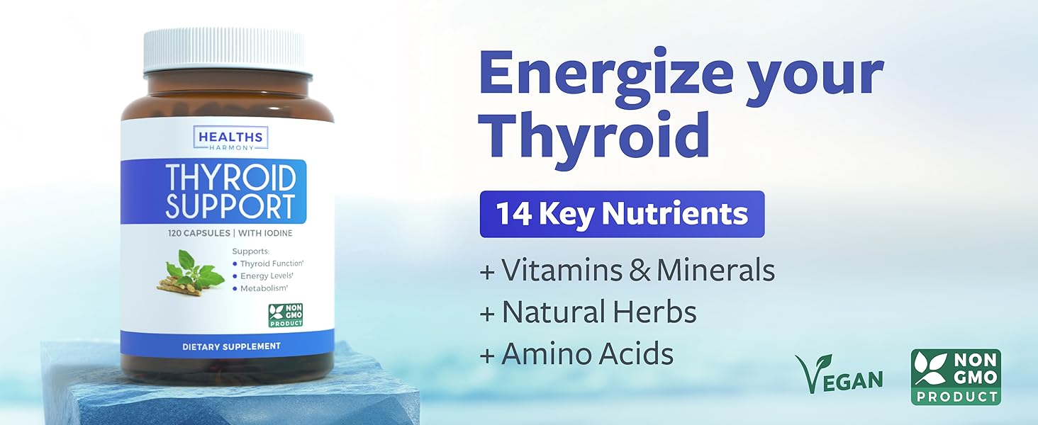 Thyroid Support with Iodine - 120 Capsules (Non-GMO) Improve Your Energy - Ashwagandha Root, Zinc, Selenium, Vitamin B12 Complex - Thyroid Health Supplement for Women and for Men - 60 Day Supply Thyroid support for women and men