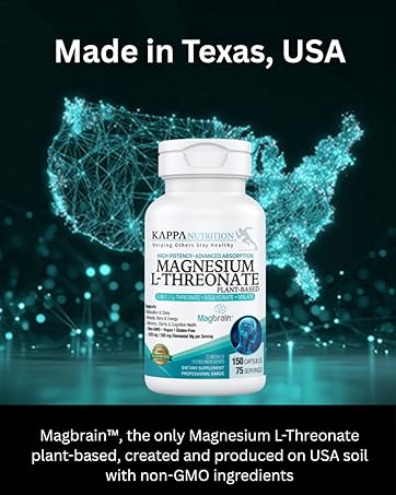 Kappa Nutrition Powered by Magbrain™ Magnesium L-Threonate Plant-Based, 420mg Elemental Magnesium (3 Capsules) from 2,253mg, 150 Vegan Capsules, Brain, Sleep & Muscle Support. Made in Taxes
