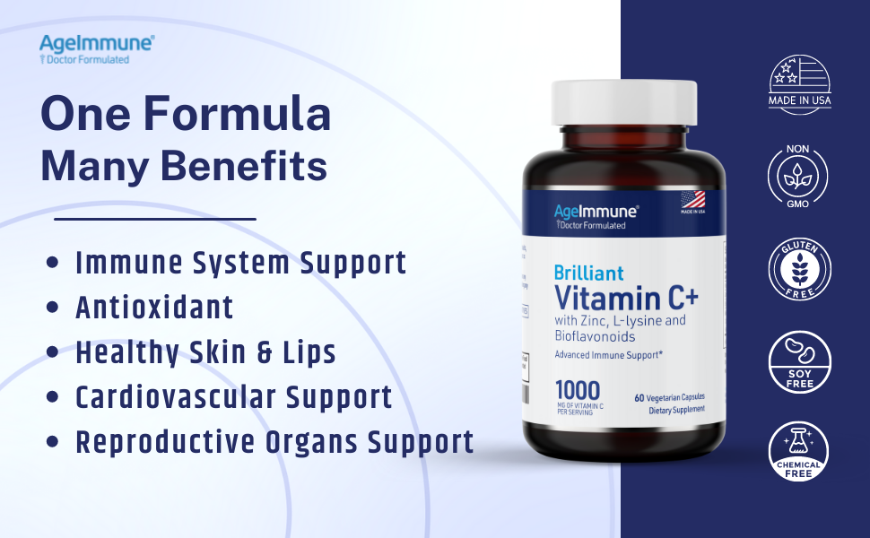 AgeImmune Vitamin C 1000mg Complex with L-Lysine 500mg, Zinc 12mg, Bioflavonoids 300mg. Doctor Formulated Magnesium Stearate Free Supplements for Healthy Immune System Support.(1) vitamin c benefits
