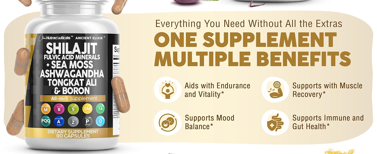 Clean Nutraceuticals Shilajit Supplement for Men with Sea Moss, Tongkat Ali, Ashwagandha, Boron, Zinc, CoQ10, PQQ - Fulvic Acid Capsules - Energy Support - 90 Count - Resin, Gummy & Powder Alternative Ancient Elixir Capsules