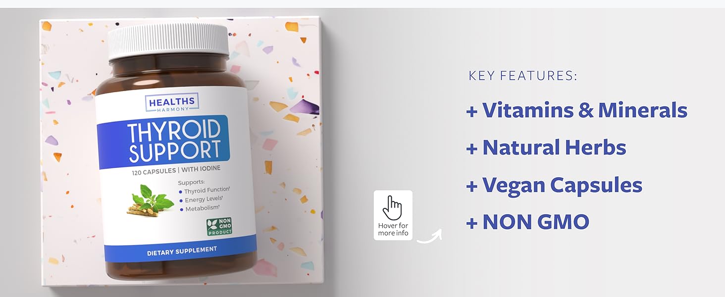 Thyroid Support with Iodine - 120 Capsules (Non-GMO) Improve Your Energy - Ashwagandha Root, Zinc, Selenium, Vitamin B12 Complex - Thyroid Health Supplement for Women and for Men - 60 Day Supply
