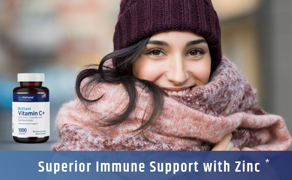 AgeImmune Vitamin C 1000mg Complex with L-Lysine 500mg, Zinc 12mg, Bioflavonoids 300mg. Doctor Formulated Magnesium Stearate Free Supplements for Healthy Immune System Support.(1) zinc gor immune support