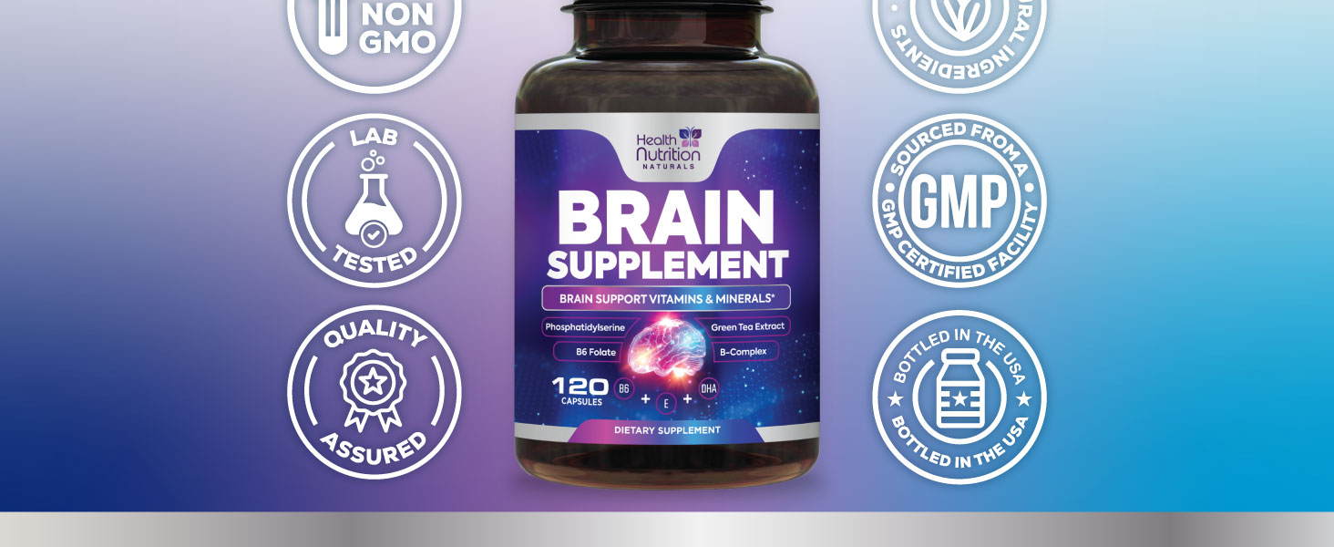 Brain Supplements for Memory and Focus - Extra Strength Nootropic Capsules for Concentration, Alertness, Cognitive Support - Phosphatidylserine, DMAE, Brain Health Vitamins B6 C E Zinc - 120 Capsules Health Nutrition Naturals brain supplement 21 vitamins and minerals men and women