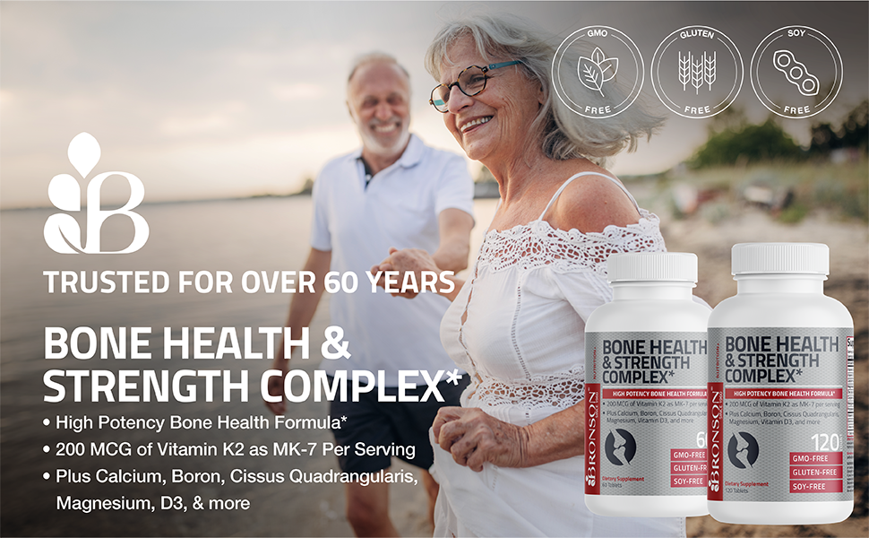 Bronson Bone Health & Strength Complex* High Potency Formula 200 MCG of Vitamin K2 as MK7, Plus Calcium, Boron, Cissus Quadrangularis, Magnesium, Vitamin D3, and More - Non-GMO, 60 Tablets Bronson