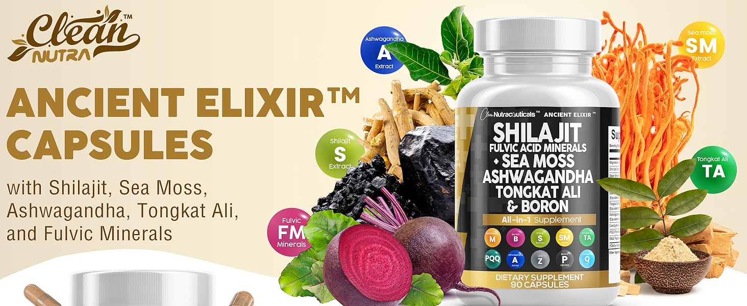 Clean Nutraceuticals Shilajit Supplement for Men with Sea Moss, Tongkat Ali, Ashwagandha, Boron, Zinc, CoQ10, PQQ - Fulvic Acid Capsules - Energy Support - 90 Count - Resin, Gummy & Powder Alternative Ancient Elixir Capsules