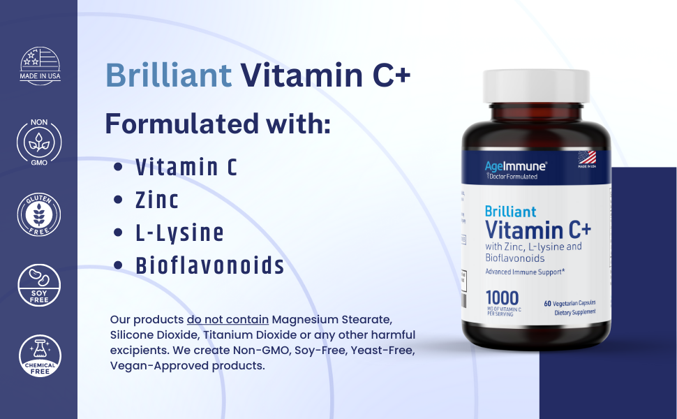 AgeImmune Vitamin C 1000mg Complex with L-Lysine 500mg, Zinc 12mg, Bioflavonoids 300mg. Doctor Formulated Magnesium Stearate Free Supplements for Healthy Immune System Support.(1) Ageimmune brilliant c plus ingredients