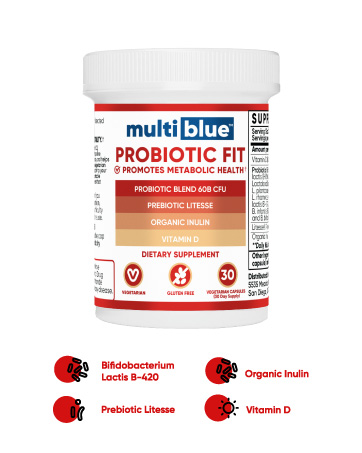 MultiBlue Probiotic Fit – Supports Natural GLP-1 & Appetite Control for Women & Men, Bifidobacterium B-420, Digestive & Gut Health, 10 Probiotic Strains, 60 Billion CFU, Prebiotic + Vitamin D3, 30ct Multiblue Probiotic Fit with Organic Inulin, Prebiotic Litesse, Vitamin D and more.