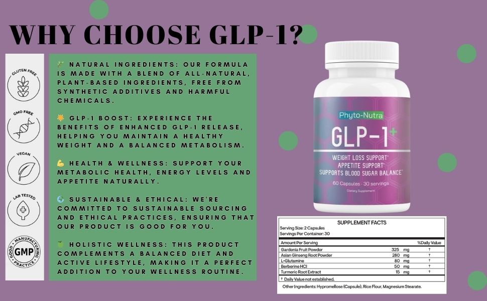 GLP-1 + (60 Capsules 1 Bottle) Vegan, Natural Supplement, Lab Tested, Weight Loss, Satisfy Hunger, Non-GMO, Gluten Free, GLP 1, GLP1 GLP1 Weight loss support natural ingredients