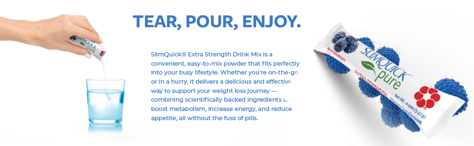 SlimQuick Pure 3X Extra Strength Drink Mix Packets, Metabolism and Weight Management for Women, Helps in Fat Breakdown, with Green Tea, Caffeine, Chaste Tree, Rhodiola - Blue Raspberry 26 Count Tear, pour, enjoy. dynamic pack with lemon slices.