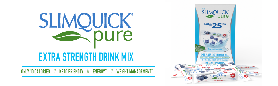 SlimQuick Pure 3X Extra Strength Drink Mix Packets, Metabolism and Weight Management for Women, Helps in Fat Breakdown, with Green Tea, Caffeine, Chaste Tree, Rhodiola - Blue Raspberry 26 Count slim quick Pure on the go drink mix on white background with BOX and stick packs.
