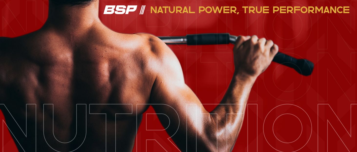Muscular athlete training, demonstrating BSP's motto: Natural Power, True Performance.