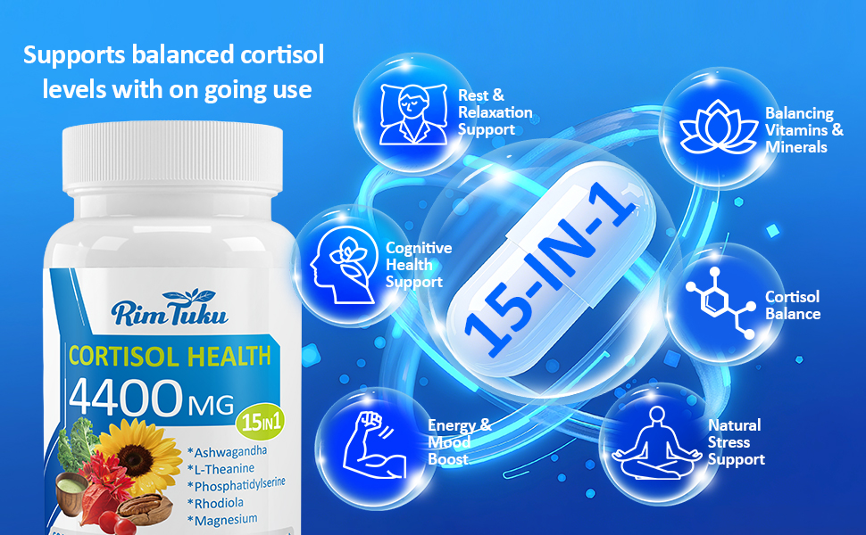 Cortisol Supplements for Women & Men -15-in-1 Cortisol Detox for Women, Cortisol Manager & Reducer with Ashwagandha, Rhodiola Rosea Supports Stress Relief, Adrenal Balance, 60 Capsules Cortisol