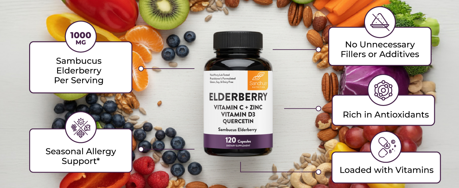 Elderberry Vitamin C and Zinc Capsules for Adults | 240 Count with Quercetin & Vitamin D3 | 6-in-1 Immune Support Supplement Pills | Sambucus Black Elderberry Natural Immunity Vitamins | Made in USA 1000mg elderberry per serving, rich in antioxidants, no unnecessary fillers