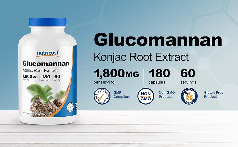 Nutricost Glucomannan 1,800mg Per Serving, 180 Capsules - Natural Fiber Source, Non-GMO, Gluten Free Nutricost Glucomannan Konjac Root Extract 1800 mg per serving 60 servings 180 capsules