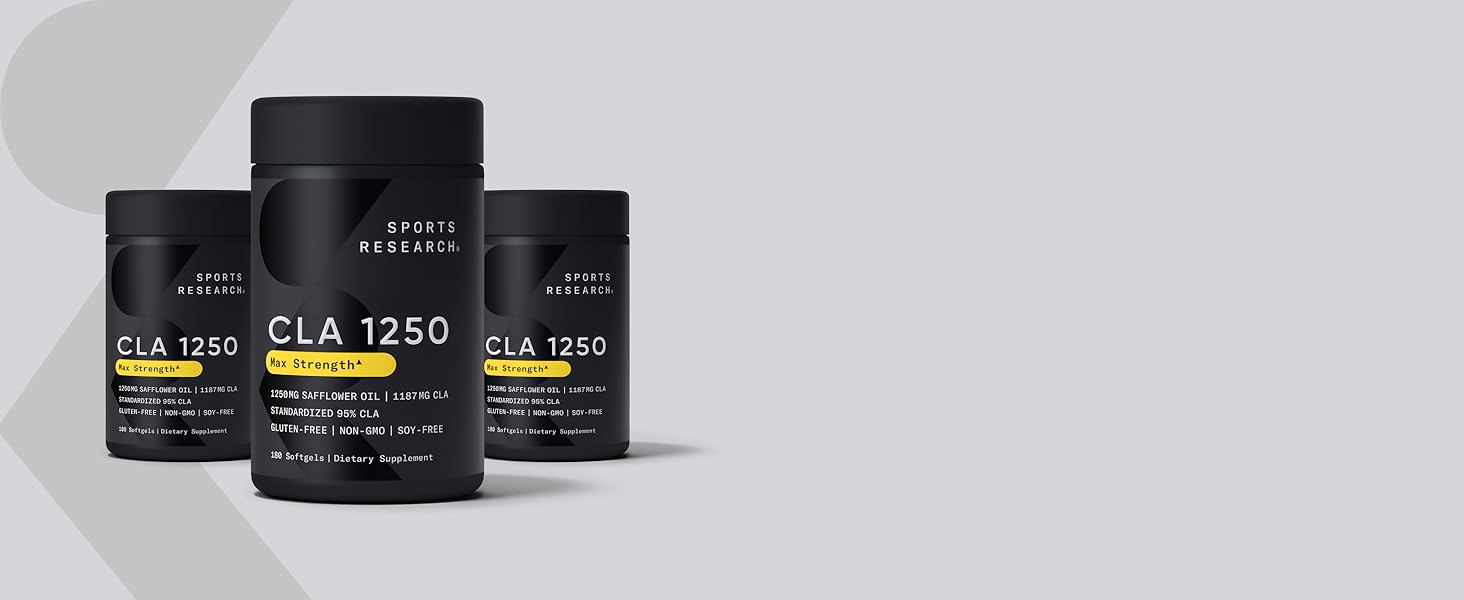 Sports Research CLA - 1250mg with Active Conjugated Linoleic Acid for Men and Women | Non-GMO, Soy & Gluten Free - 95% (180 Softgels)… cla supplements women leptin conjugated linoleic acid pills weight loss fat burn build lean muscle