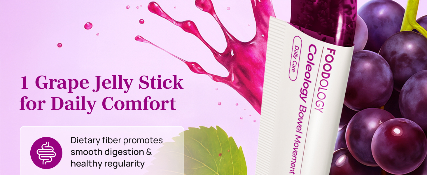 FOODOLOGY Coleology Bowel Movement Jelly – Fiber Supplement for Bloating Relief & Gut Cleanse - Grape & Prune - Garcinia Cambogia, Collagen, Chia Seeds - 10 Sticks Coleology Bowel Movement Jelly