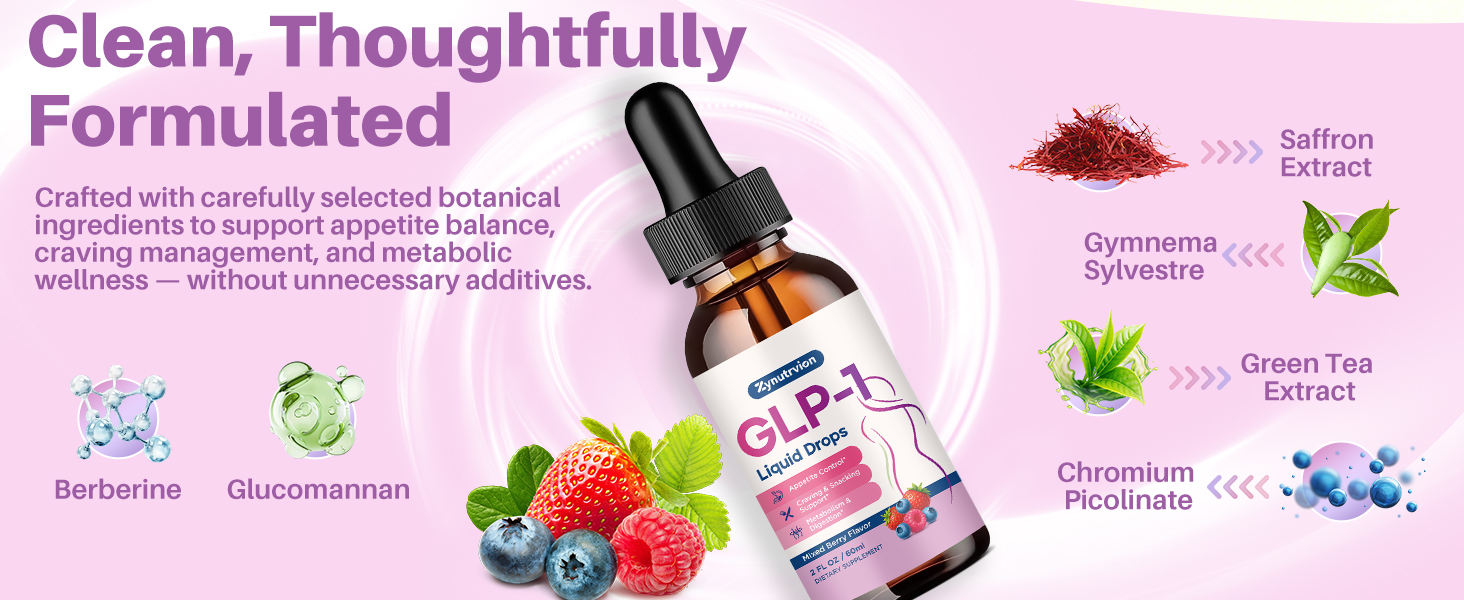 GLP-1 Supplement - 11-in-1 Liquid GLP-1 Drops with Berberine, Glucomannan, Saffron & Green Tea Extract - Support Healthy Metabolism, Appetite Control & Craving - Mixed Berry Flavor, 2 Fl Oz 05