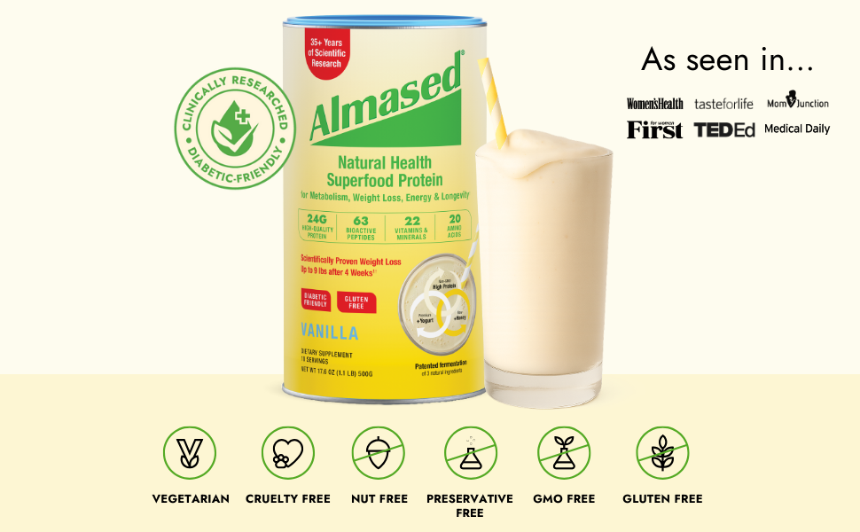 Almased Vanilla Meal Replacement Shake - Low-Glycemic High Plant Base Protein Powder- Nutritional Weight Health Support Supplement - Vanilla Flavor - 17.6 oz (1.1 Pound (1 Pack)) Almased can next to a glass
