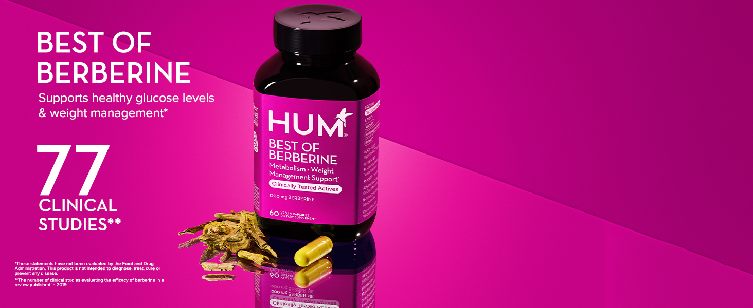 HUM Best of Berberine Supplement 1200mg, Pure Potency for Metabolic Wellness, Gut Health, Pure Berberine Supplements Enhanced with BioPerine for Maximum Absorption, 60 Capsules HUM Best of Berberine supplement bottle with berberine root and capsules on pink background